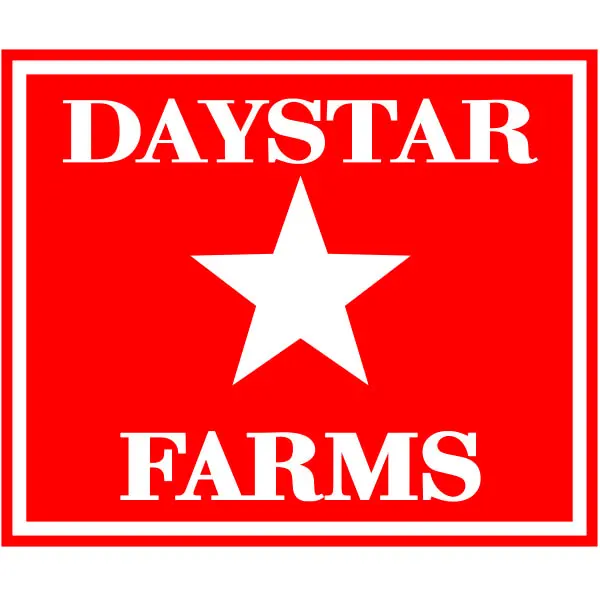 A red and white logo for daystar farms.